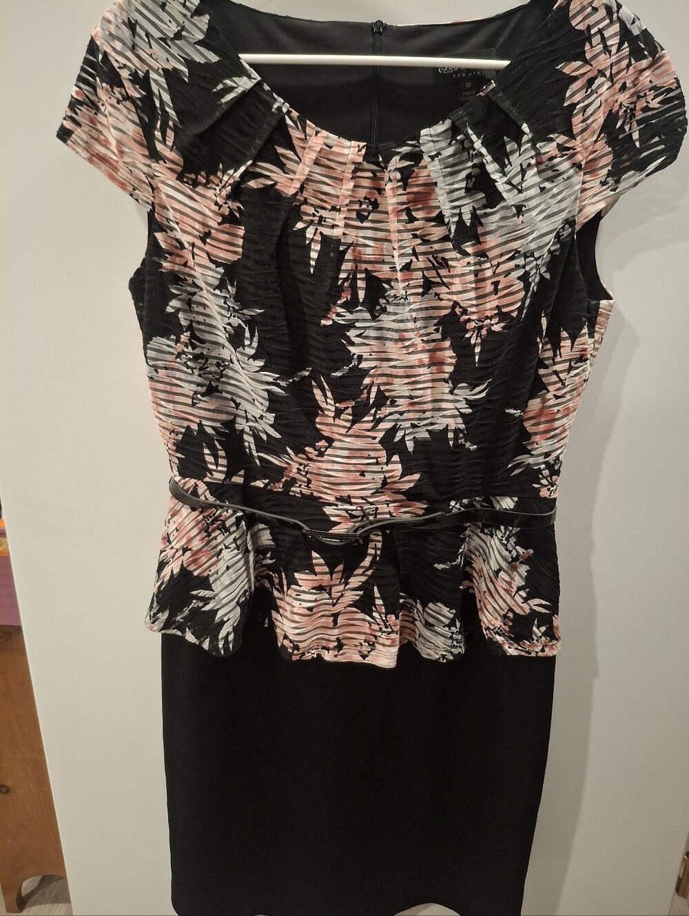 connected apparel Black Peplum Dress with Blush and White Floral Print